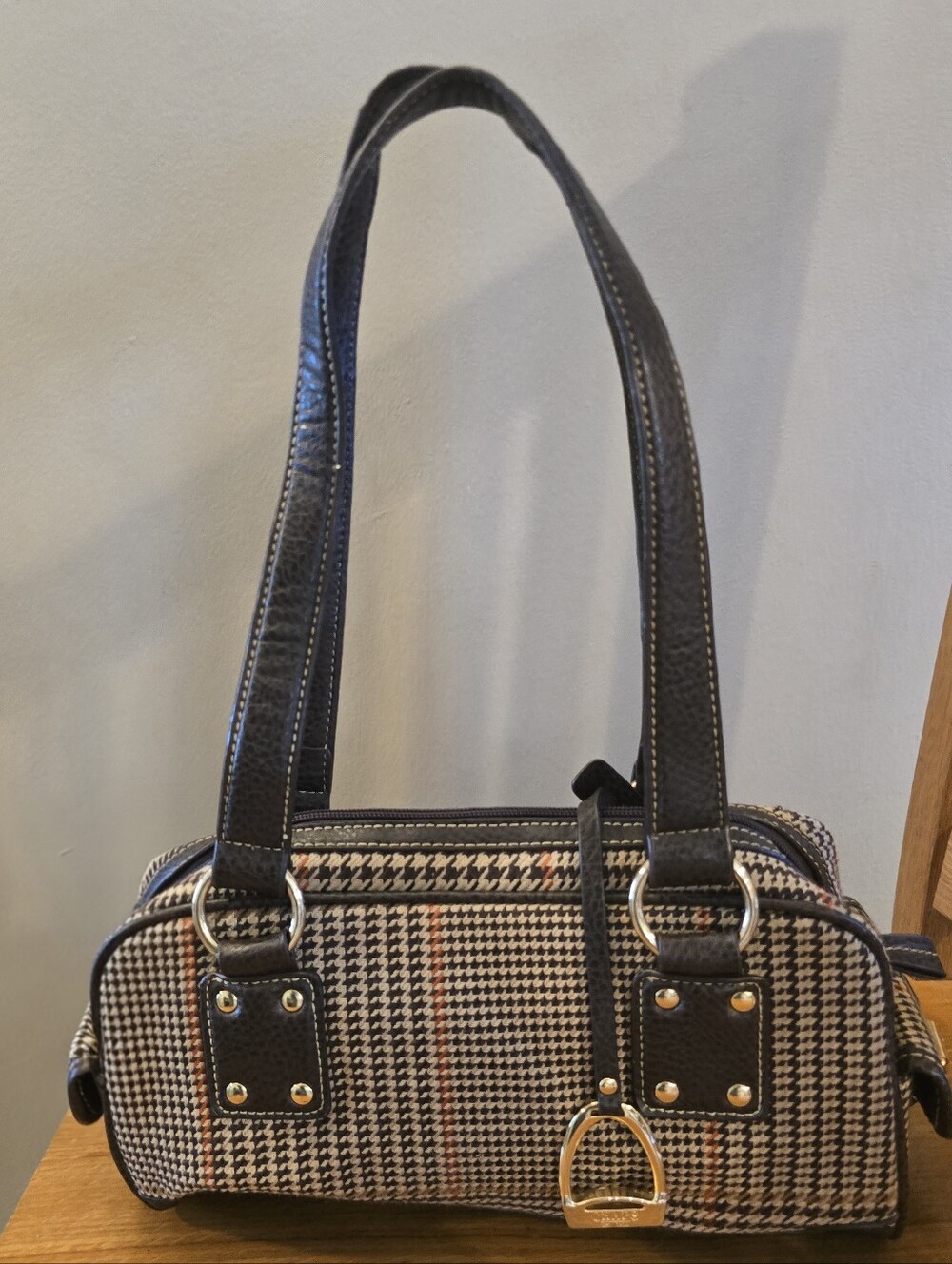 Chaps Houndstooth Plaid Satchel Handbag Brown Equestrian